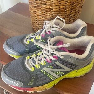 New Balance Women's Grey Running Sneakers with Neon Yellow & Pink Accents